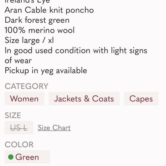 Ireland’s Eye Green Aran Cable knit poncho 100% wool - Picture 8 of 8